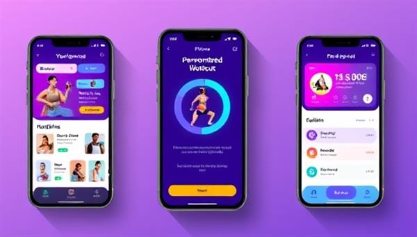 An engaging app interface showcasing personalized workout recommendations, nutritional tips, and progress tracking features, highlighting the AI-powered customization and user-friendly design of FitGenie AI.