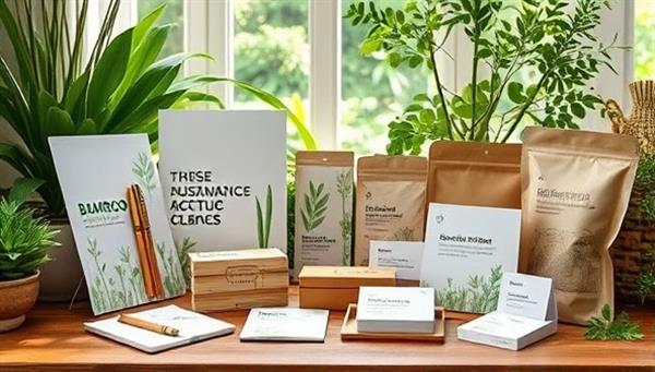 An array of sustainable marketing materials like bamboo pens, seed paper business cards, and compostable packaging, arranged in a nature-inspired setting with greenery and natural light, conveying eco-consciousness and innovation.