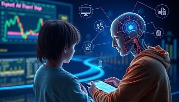 An imaginative visualization of a student interacting with an AI tutor on a digital device, with personalized learning content adapting in real-time based on the student