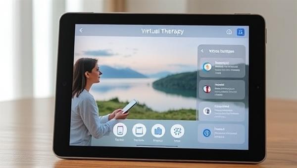 A serene virtual therapy session setting displayed on a tablet screen, with a therapist providing guidance to a client, calming nature visuals in the background, and interactive tools for self-reflection and coping strategies, creating a safe and supportive space for mental health care.