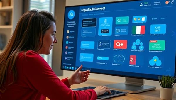 An image of a user engaging with the LinguaTech Connect platform, practicing a new language with the help of an AI tutor and interactive exercises, illustrating a dynamic and immersive language learning experience.