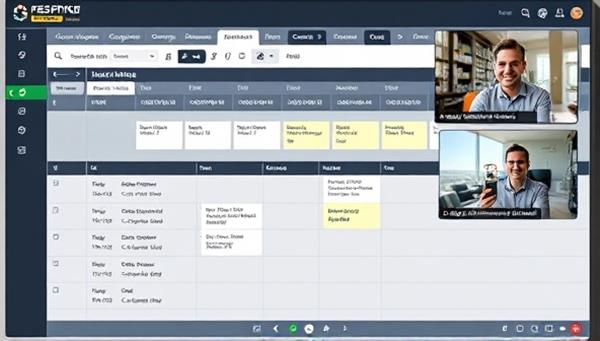 A virtual dashboard displaying a construction project timeline with tasks, deadlines, and progress indicators, accompanied by video conferencing windows showing team members discussing project updates, demonstrating seamless virtual project management in action.