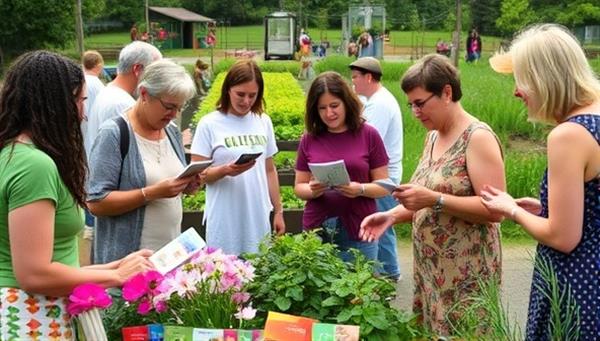 A vibrant community garden scene with diverse individuals exchanging colorful seed packets, sharing gardening tips, and engaging in lively conversations amidst blooming flowers and green plants, illustrating the collaborative spirit of seed library and exchange programs.
