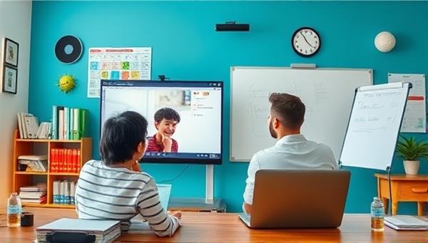 An engaging virtual classroom setup with a student and a tutor interacting through a screen, with educational materials and a digital whiteboard visible in the background, illustrating personalized learning and online tutoring.