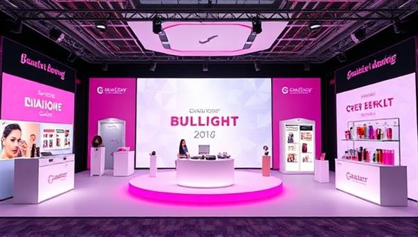 A visually appealing virtual beauty event setup featuring a digital stage, interactive chat features, branded beauty product displays, and virtual networking areas, creating a dynamic and engaging online beauty event ambiance.