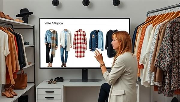 A virtual style consultation session with a professional stylist presenting outfit ideas on a screen, surrounded by fashion magazines, accessories, and clothing racks, illustrating virtual wardrobe consulting and style transformation for clients seeking fashion guidance.