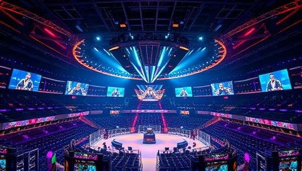 An epic digital arena filled with colorful lights and screens displaying different game titles, symbolizing the excitement and competition of virtual gaming tournaments.