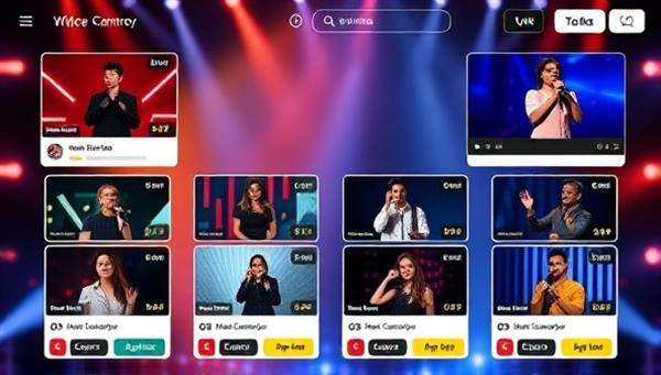 An online talent show platform interface featuring diverse user profiles with video performances, interactive voting buttons, and real-time comments from viewers, creating a dynamic and engaging virtual talent community.
