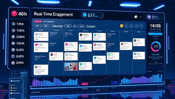 A futuristic digital interface displaying a social media content calendar with AI recommendations and real-time engagement metrics, illustrating the platform