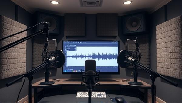 A sleek and modern virtual studio setup with professional microphones, soundproofing panels, and a computer screen displaying audio waveforms, creating an immersive podcast production environment.
