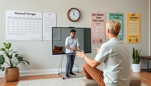 An engaging visual of a virtual physical therapy session with a therapist guiding a client through exercises via a video call, with progress charts and motivational posters in the background, illustrating connection, progress, and rehabilitation support.