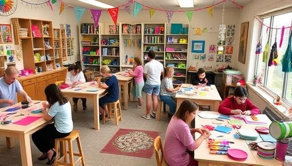 A vibrant and cozy workshop space filled with colorful craft supplies, workstations set up for various projects, participants engrossed in creating their masterpieces, and a joyful atmosphere of artistic exploration and hands-on learning.