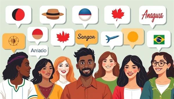 An artistic representation of a diverse group of individuals engaging in a virtual language exchange session, with digital speech bubbles showcasing different languages and cultural symbols in the background, promoting inclusivity and language diversity.