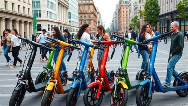 An urban setting with colorful electric scooters lined up neatly, ready for rental, with a diverse group of people exploring the city in the background, showcasing convenience and sustainability.