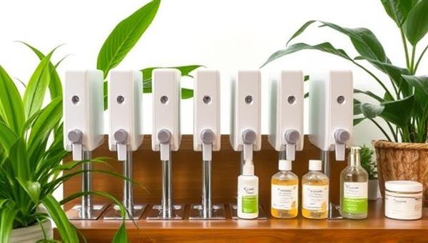 A stylish refill station setup with sleek dispensers of various beauty products lined up neatly, surrounded by lush green plants and eco-friendly packaging materials, showcasing a modern and sustainable beauty refill experience.