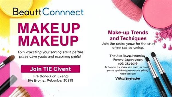 An engaging virtual event poster featuring vibrant colors, beauty-related graphics, and event details, promoting an upcoming BeautyConnect Events workshop on makeup trends and techniques, inviting beauty enthusiasts and professionals to join the interactive online session.
