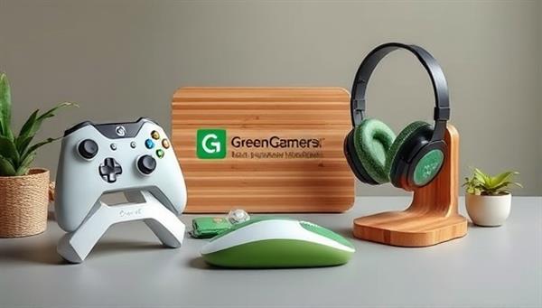 An artistic representation of eco-friendly gaming accessories, including a biodegradable controller, a bamboo mouse pad, and a recycled headset stand, arranged in a visually appealing and sustainable gaming setup, showcasing the innovation and eco-consciousness of GreenGamer Box.