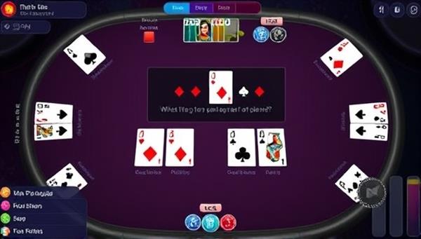 An interactive poker table interface with virtual cards, chips, and a tutorial overlay explaining poker hands, strategies, and betting options, creating an immersive and educational atmosphere for the gamified online poker training platform.