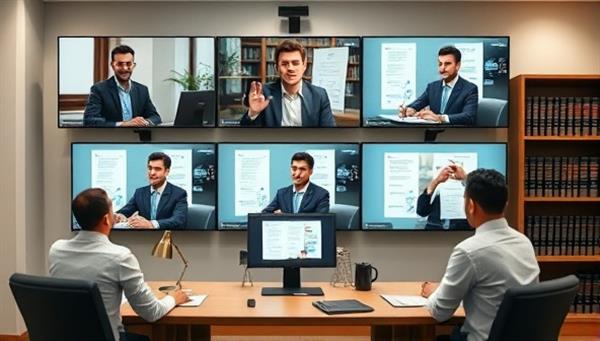 A virtual legal office setup with a team of attorneys engaged in client consultations via video conferencing, legal documents displayed on digital screens, and a bookshelf filled with law books, conveying professionalism and expertise in legal advisory services.