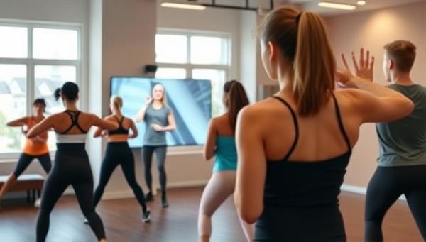 An engaging virtual fitness class scene with a diverse group of participants following a workout routine led by a fitness coach on screen, showcasing energy and motivation in a digital fitness setting.