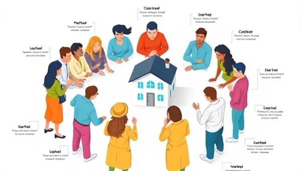 An engaging infographic illustrating a group of diverse individuals collaborating around a digital real estate investment platform, symbolizing the concept of shared ownership and collective investing in properties.