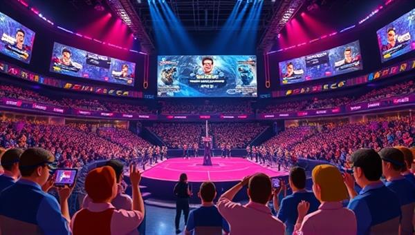 An esports-themed virtual arena with digital screens displaying live matches and betting odds, surrounded by a crowd of animated avatars cheering and interacting, creating a dynamic and engaging atmosphere for ePool Bets.