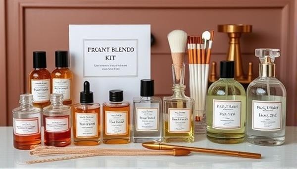 An elegant and inviting fragrance blending kit showcasing a variety of fragrance oils, mixing tools, and personalized labels, creating a sensory and creative experience for customers to craft their signature scents at home.
