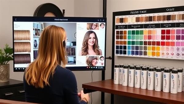 A virtual consultation setup featuring a colorist discussing hair color options with a client via video call, with hair swatches, color charts, and hair dye kits displayed in the background, illustrating a professional and personalized hair color service experience.