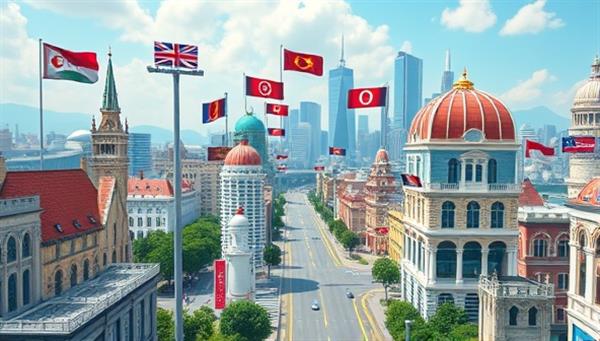An immersive virtual cityscape with cultural landmarks, language signs, and interactive language learning activities, creating a dynamic and engaging environment for users to practice and improve their language skills in a virtual setting.