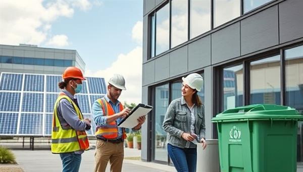 An image featuring a sustainable property management team conducting an energy audit on a commercial building, utilizing eco-friendly tools and technology, with solar panels and recycling bins in the background, embodying the eco-conscious approach of EcoManage Solutions.