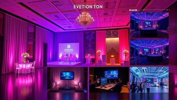 An elegant digital mood board with virtual event decor inspiration, featuring vibrant colors, modern tech elements, and interactive entertainment options, conveying a blend of sophistication and innovation.