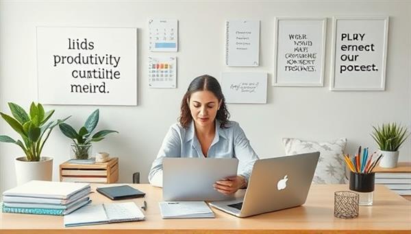 A remote productivity coaching scene with a coach guiding a client through a virtual productivity session, surrounded by digital tools, planners, and motivational quotes, fostering a focused and efficient work environment for remote professionals.