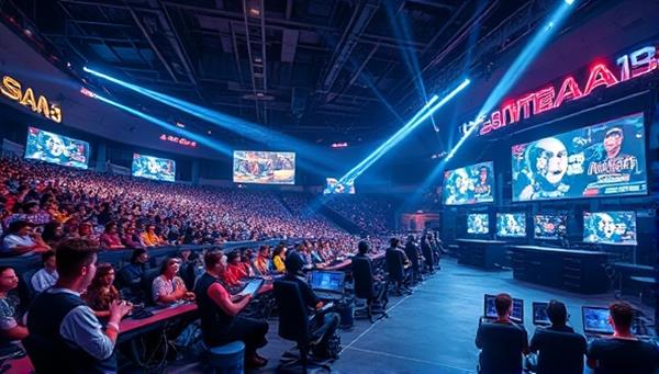An eye-catching digital artwork featuring a futuristic e-sports arena filled with cheering fans, powerful gaming setups, and competitive players, symbolizing the dynamic and thrilling world of e-sports managed by GameChanger Talent Agency.