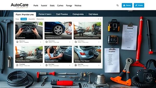 An educational platform interface displaying a variety of car maintenance courses, with previews of video tutorials, downloadable resources, and interactive quizzes, surrounded by automotive tools and diagnostic equipment, illustrating the depth and practicality of AutoCare Academy