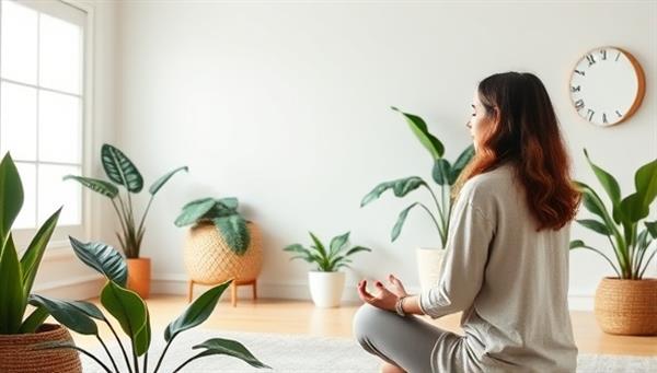 A serene virtual consultation room with a wellness coach guiding a client through a meditation session, surrounded by plants and calming decor, evoking a sense of tranquility and support.