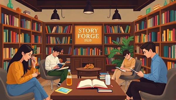 A virtual library setting with avatars immersed in writing activities, brainstorming ideas, sharing manuscripts, and discussing stories in a cozy and creative atmosphere at StoryForge Hub, symbolizing the power of storytelling and community in writing endeavors.