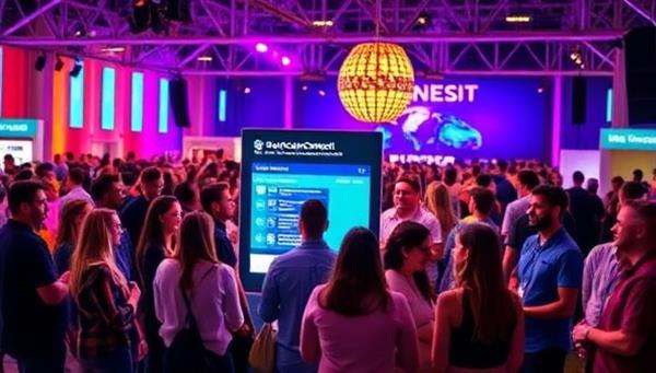 A colorful and energetic event venue with attendees gathering around a digital kiosk to arrange ridesharing options, showcasing the social and eco-friendly aspects of EventCarpool Connect in enhancing the event experience and reducing transportation stress.