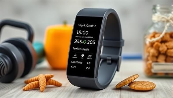 A digital fitness tracker displaying workout progress, nutrition goals, and motivational messages, surrounded by workout equipment and healthy snacks, emphasizing a personalized and tech-savvy approach to fitness coaching.