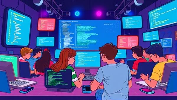 An illustrative scene showing a group of teenagers attending a virtual coding bootcamp session, each with a laptop displaying lines of code and programming exercises, surrounded by colorful digital screens and tech gadgets, creating a dynamic and engaging learning environment for young tech enthusiasts.