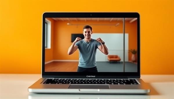 A vibrant and energetic virtual workout session displayed on a laptop screen, showing a coach guiding a user through exercises in a dynamic and interactive setting.