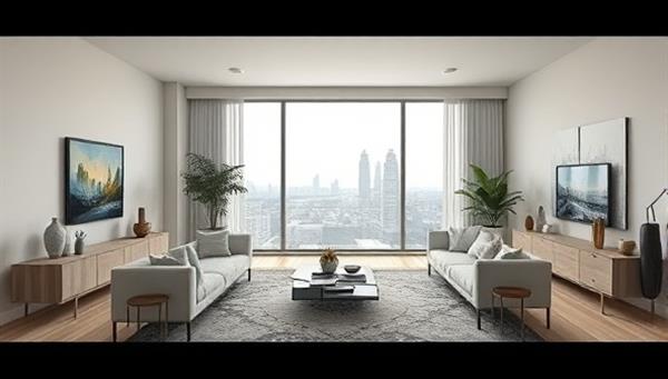 A digital rendering of a vacant living room transformed into a cozy, modern space with virtual furniture and decor, featuring a large window overlooking a city skyline, conveying the power of virtual staging to bring life to empty spaces.