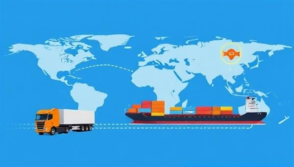 An illustrative depiction of a seamless cargo transportation network with trucks, ships, and planes moving goods across different locations, symbolizing the efficient and interconnected logistics ecosystem facilitated by CargoConnect Hub, with a focus on reliability and optimization in freight brokerage.