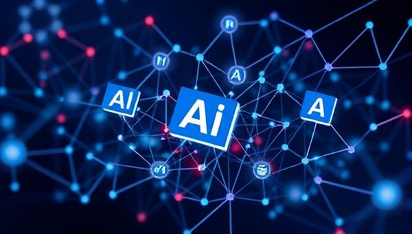 An abstract representation of interconnected neural networks with digital ad elements floating between nodes, symbolizing the AI-powered optimization process in a futuristic and visually engaging manner.