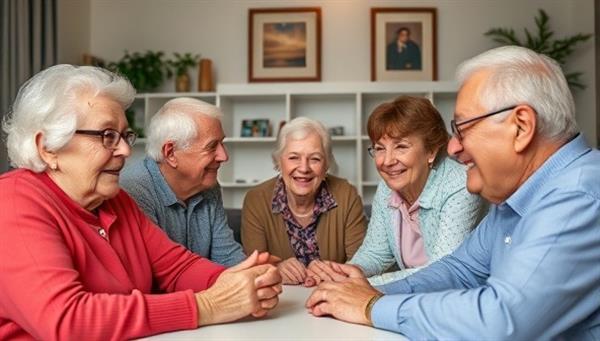 A heartwarming image of elderly individuals engaging in a virtual meetup on the social networking platform, sharing stories, laughter, and forming meaningful connections, highlighting the sense of belonging and camaraderie within the community.