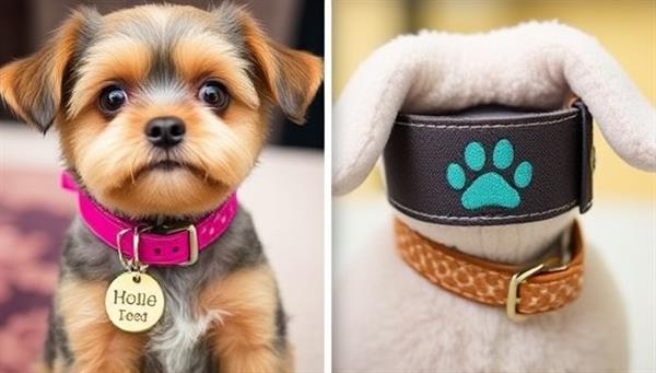 An adorable pet modeling personalized accessories from Pawfect Creations, such as a custom pet tag and a cozy embroidered collar, showcasing the stylish and unique designs tailored for furry friends.