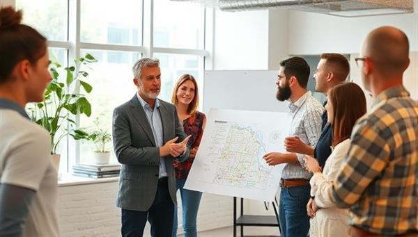 An architect presenting eco-friendly construction designs to a diverse group of clients in a modern office setting.