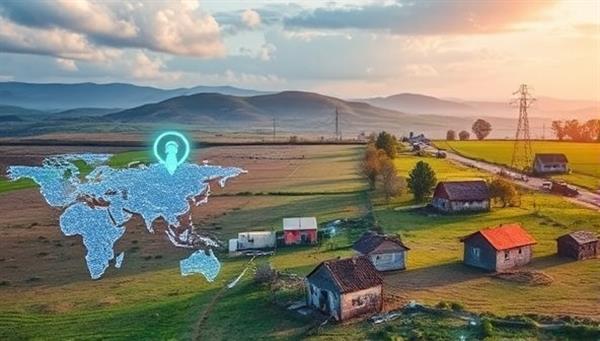 A picturesque rural landscape with a digital overlay showing internet connectivity reaching remote homes and community buildings, symbolizing progress and development through enhanced broadband access.