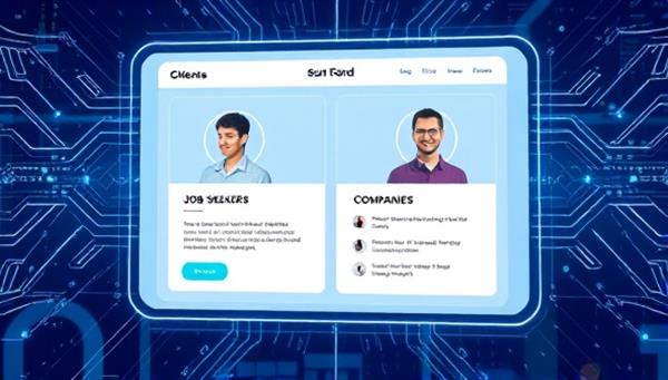 An illustration of a futuristic AI-powered platform screen showing job seekers and companies seamlessly matched based on their profiles, highlighting the platform
