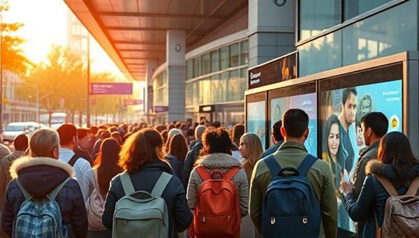 An image of a bustling bus shelter with a crowd of commuters interacting with touch screens and AR displays, engaging with interactive ad content that entertains and informs while waiting for their bus, creating a memorable and immersive advertising experience.