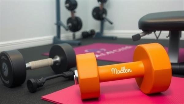 A home gym setup featuring personalized fitness equipment like custom dumbbells with engraved names, a yoga mat with a unique design, and an adjustable workout bench, showcasing a personalized and motivating fitness space.